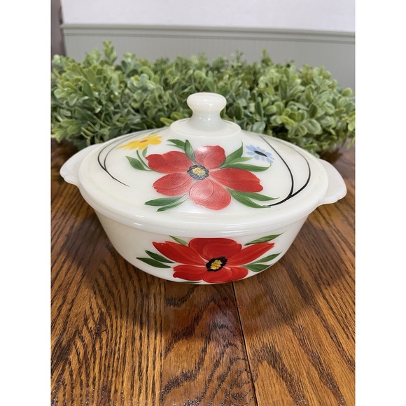 VERY Rare Vintage Fire King Gay Fad IVORY POPPY 1.5 QT CASSEROLE PAINTED LID
